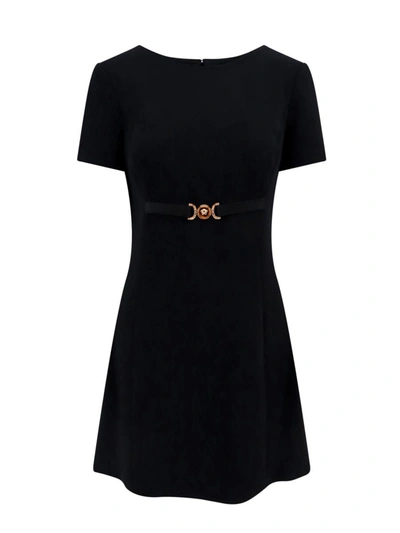 Versace Techno-cady Short Sleeve A-line Mini Dress In Black
