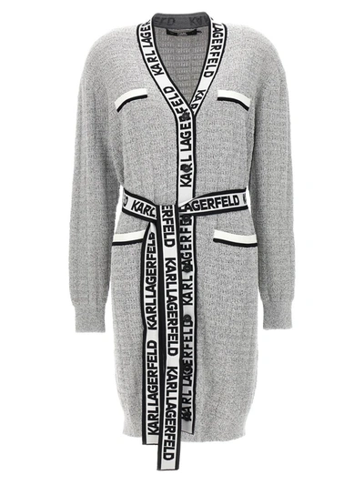 Karl Lagerfeld Logo Tape Cardigan In Gray