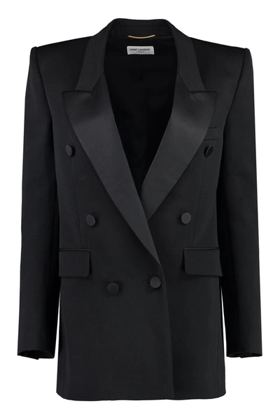 Saint Laurent Satin-lapel Double-breasted Wool Tuxedo Jacket In Black
