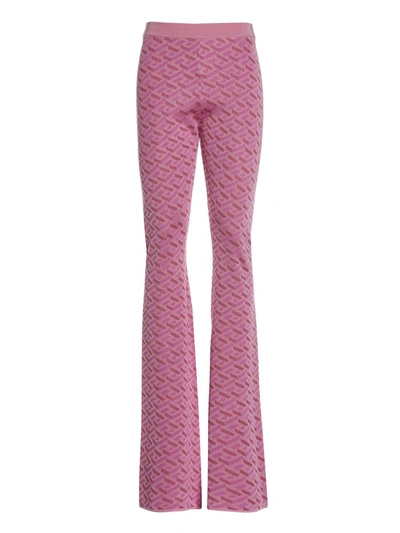 Versace La Greca提花真丝混纺喇叭裤 In Pink
