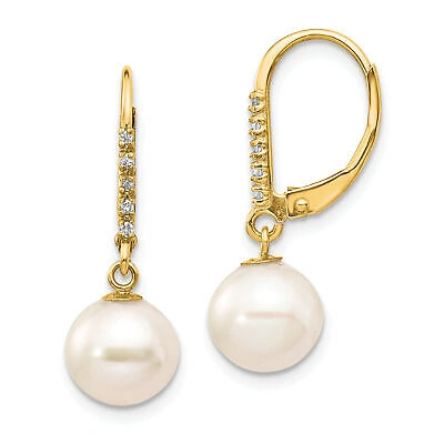Pre-owned Precious 14k 8-9mm White Round Freshwater Cultured Pearl And .05 Carat Diamond Dangle Lev In Yellow