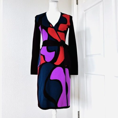 Pre-owned Diane Von Furstenberg Dvf Linda Rose Wool Wrap Dress Knit Printed Dress Size P In Pink