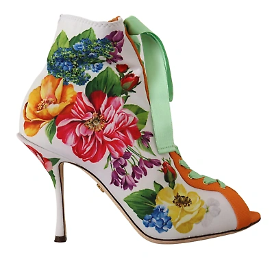 Pre-owned Dolce & Gabbana Floral Open Toe Jersey Heels In White