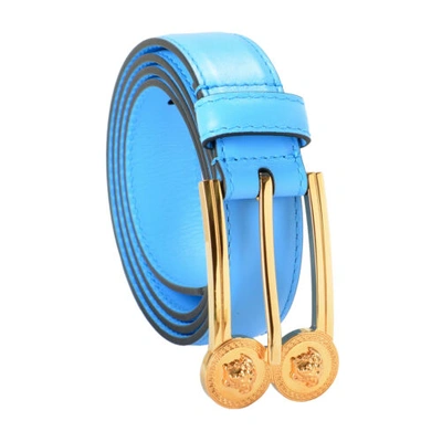 Pre-owned Versace Women's Blue 100% Leather Medusa Head Buckle Belt Us 32 It 80