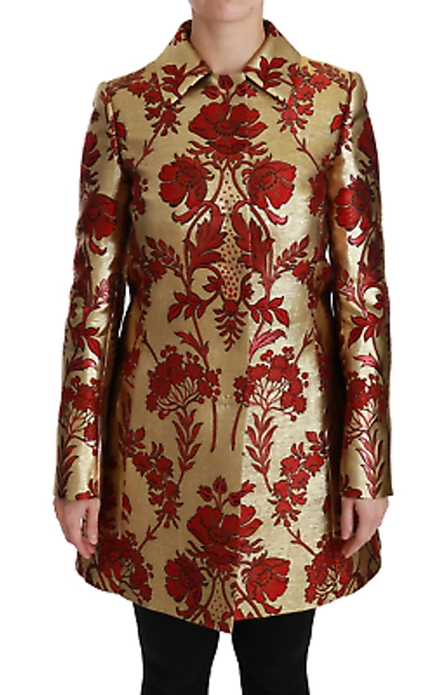 Pre-owned Dolce & Gabbana Elegant Gold Floral Brocade Trench Coat In Red