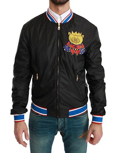 Pre-owned Dolce & Gabbana Elegant Multicolor Motive Bomber Jacket In Black