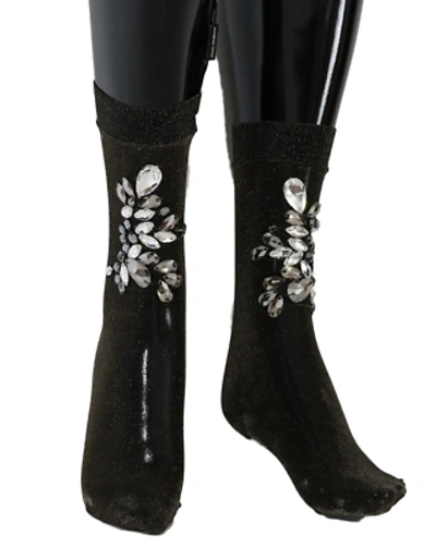 Pre-owned Dolce & Gabbana Black Stretch Floral Clear Crystal Socks