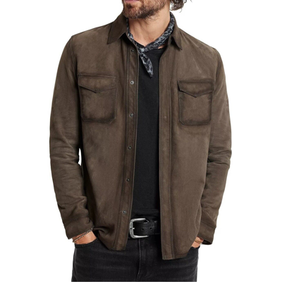 Pre-owned John Varvatos Collection Men's Izzy Suede Shirt Jacket 2 Pocket Snap Front Brown