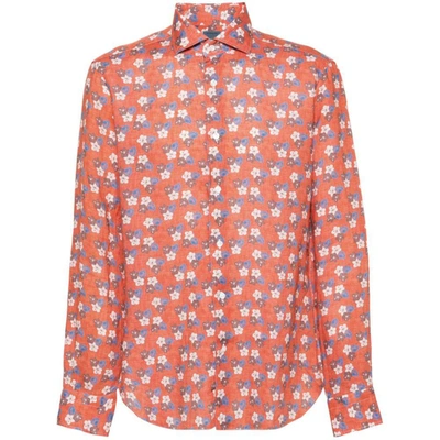Barba Floral-print Linen Shirt In Orange