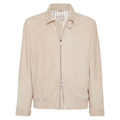 Brunello Cucinelli Leather Jacket In Ivory