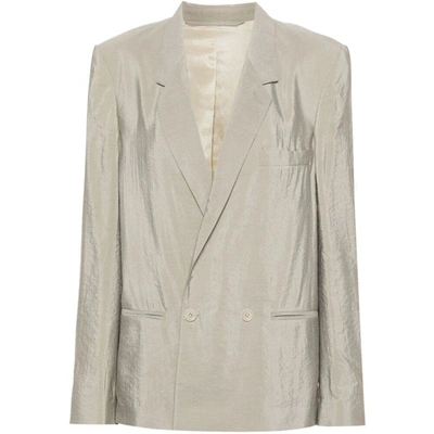 Lemaire Double-breasted Crinkled Blazer In Grey