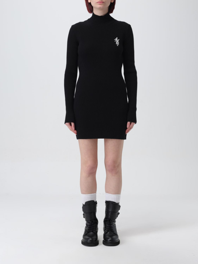 Amiri Turtleneck Logo Embroidered Stack Knit Mini Dress In Black