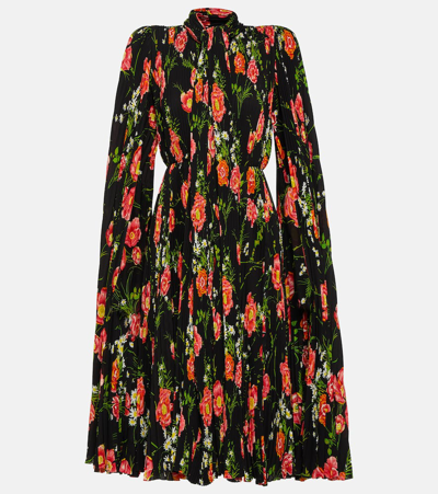 Balenciaga Pleated Floral Crêpe Midi Dress In Multi