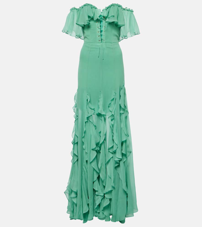 Costarellos Off-shoulder Corset Silk Gown In Green