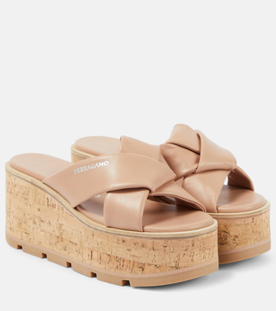 FERRAGAMO ENGRACIA LEATHER WEDGE MULES