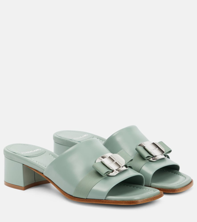 Ferragamo Vilna Leather Bow Mule Sandals In Green