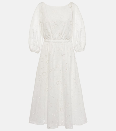 Carolina Herrera Shirred Cotton Midi Dress In White