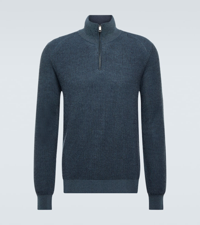 Brioni Cashmere, Wool, And Silk Half-zip Jumper In Blue
