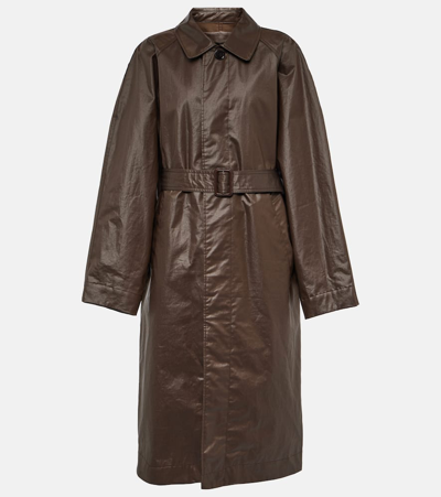 Lemaire Belted Cotton Long Raincoat In Brown