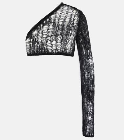 Rick Owens Ziggy One-sleeve Cropped Open-knit Top In Black