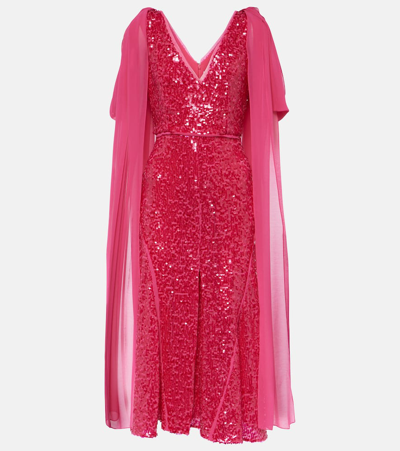 Erdem Sequin-embellished Draped Shoulder Midi Dress In Fuschia