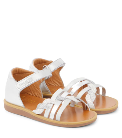 Pom D'api Kids' Poppy Tresse Metallic Leather Sandals In Silver