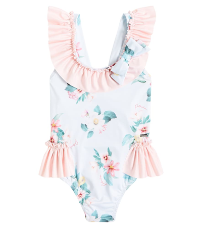 Patachou Kids' Ruffled Floral Swimsuit In Blue