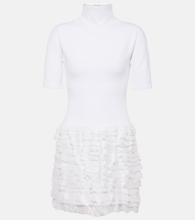 Alaïa 荷叶边高领针织迷你连衣裙 In White