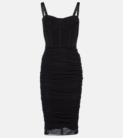 Dolce & Gabbana Ruched Stretch Cotton-blend Tulle Midi Dress In Black