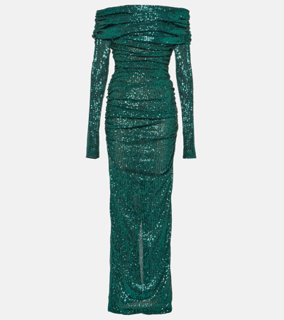 Dolce & Gabbana Off-shoulder Sequined Gown In Green