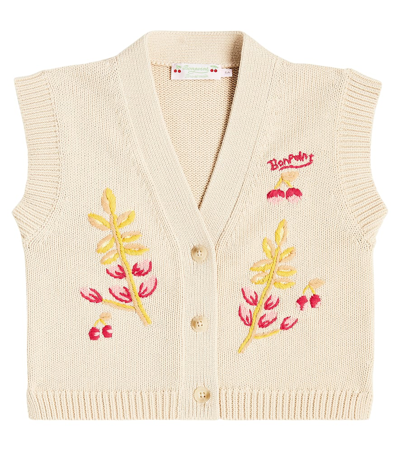 Bonpoint Kids' Embroidered Cotton Knit Cardigan In Neutrals