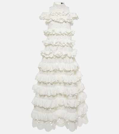 Susan Fang Embroidered Ruffled Maxi Dress In White