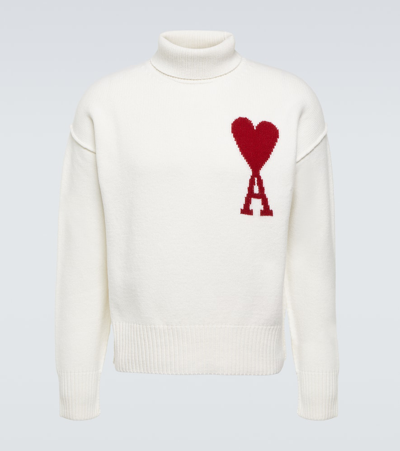 Ami Alexandre Mattiussi Logo Wool Turtleneck Sweater In Off White