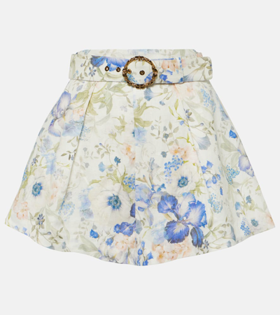 Zimmermann Natura Belted Pleated Floral-print Linen Shorts In Blue