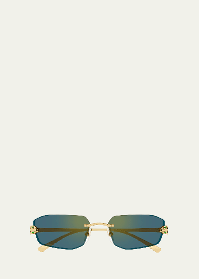 Cartier Panther Rimless Metal Rectangle Sunglasses In Gold