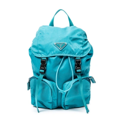 Prada Small Double Pocket Buckle Backpack In Blue