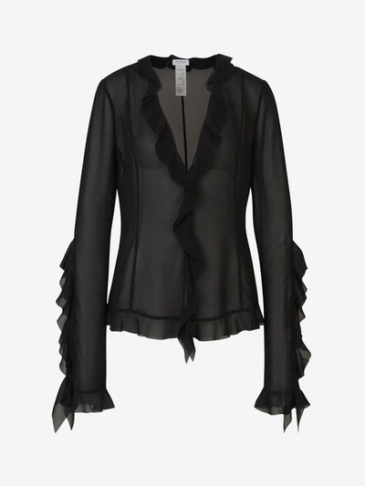 Acne Studios Womens Black Toulise Ruffled-trim Semi-sheer Chiffon Shirt