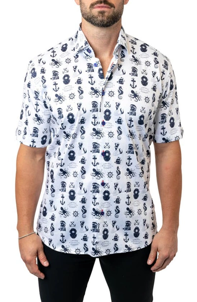 MACEOO MACEOO GALILEO STRETCHNAUTICAL WHITE SHORT SLEEVE PERFORMANCE BUTTON-UP SHIRT