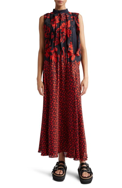 Sacai Floral Print Pleated Maxi Dress In Red