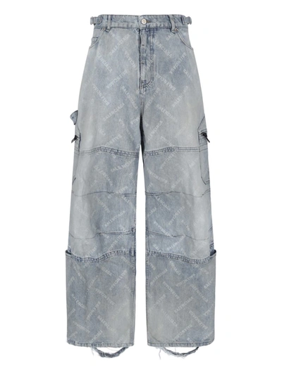 Balenciaga Mid-rise Logo Diagonal Wide-leg Cargo Pants In Blue