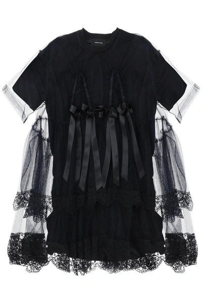 Simone Rocha Midi Dress In Mesh With Lace And Bows In Black