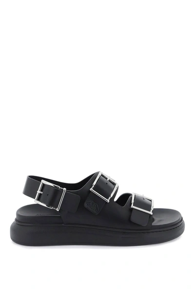 Alexander Mcqueen Leather Sandals With Maxi Buckles In Black/silver