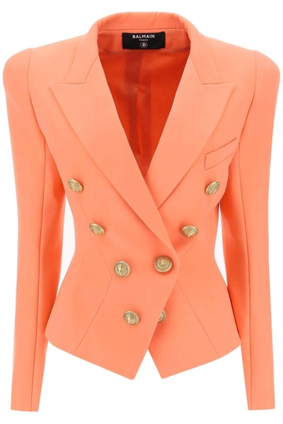 Balmain Fitted Double-breasted Jacket In Wool In Rosa