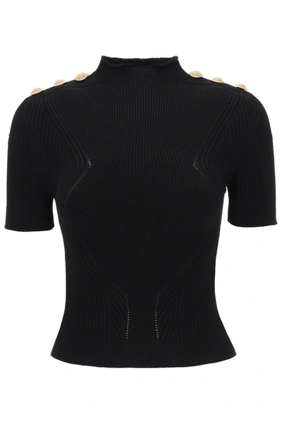 Balmain Six-button Rib Knit Top In Black