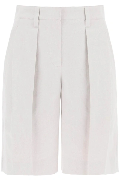 Brunello Cucinelli Pleated Cotton And Linen Bermuda Shorts In Weiss