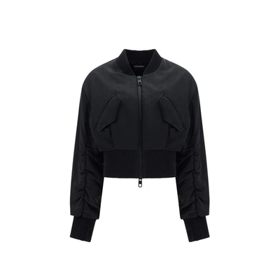 Dolce & Gabbana Short Duchesse Bomber Jacket With Draped Sleeves In Black