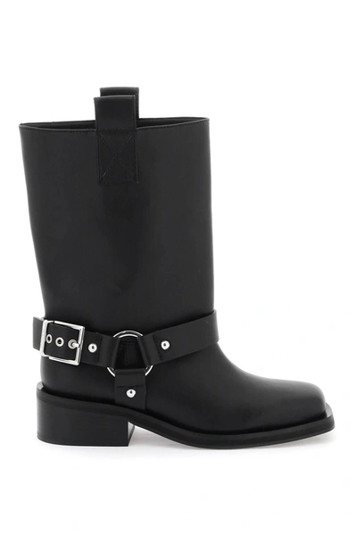 Ganni Buckle-strap Leather Biker Boots In Black