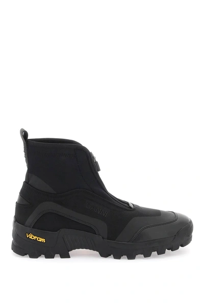 Ganni Layered Effect Technical Ankle Boots In Black