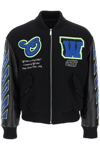 Off-white Varsity-style Bomber Jacket With Leather Sleeves In Black