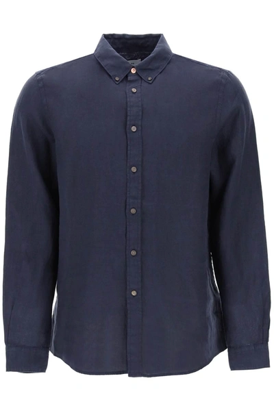 Ps By Paul Smith Camicia Button Down In Lino In Blue
